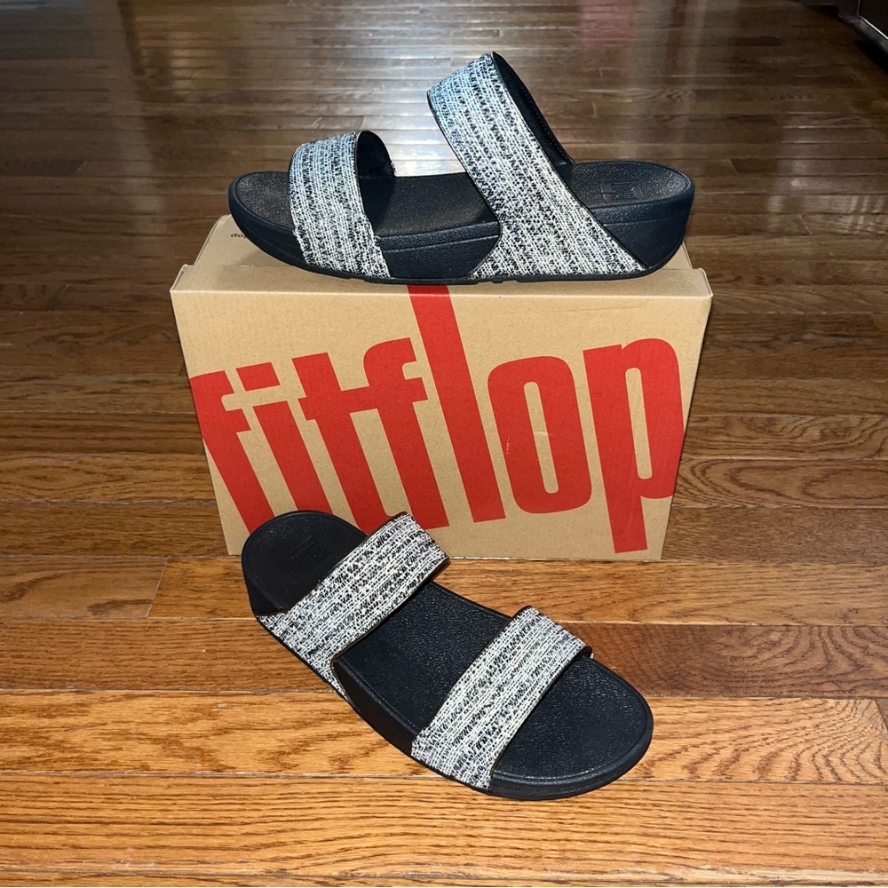 FitFlop LuLu Shimmerweave Platform slide Sandals Black & White Strap Women’s 11
